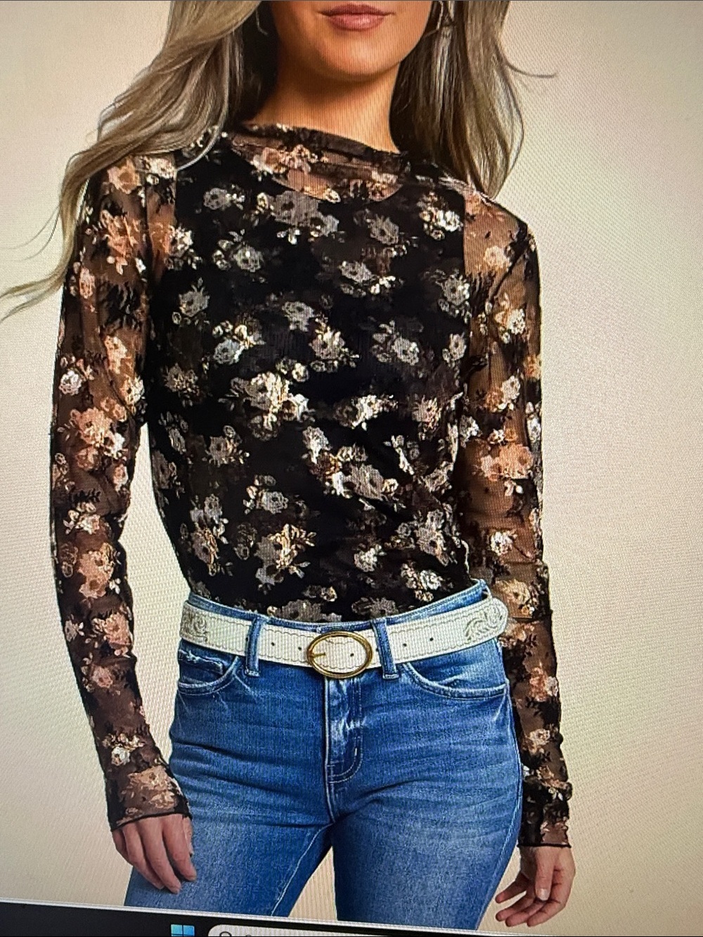 Sheer Floral Long-Sleeve Mesh Top in Brown